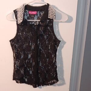 Say What? Black Lace Top with Pearl Collar